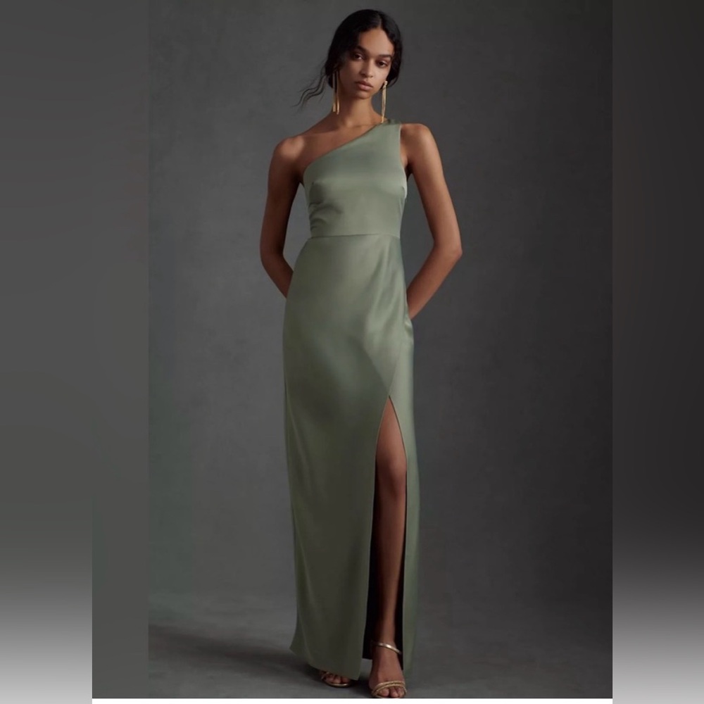 BHLDN One-Shoulder Sage Green Satin Gown